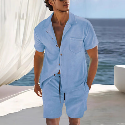 Men’s Shirt and Shorts Set – Cuban Collar – Relaxed Fit – Lightweight Woven Fabric