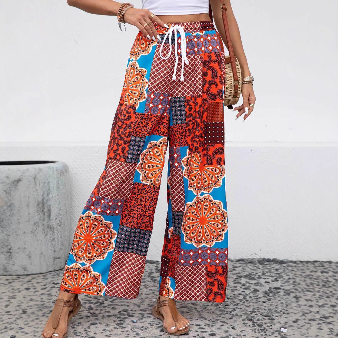 Women’s Lounge Pants – Bohemian Print – Relaxed Wide Leg – Cotton Blend – Full Length