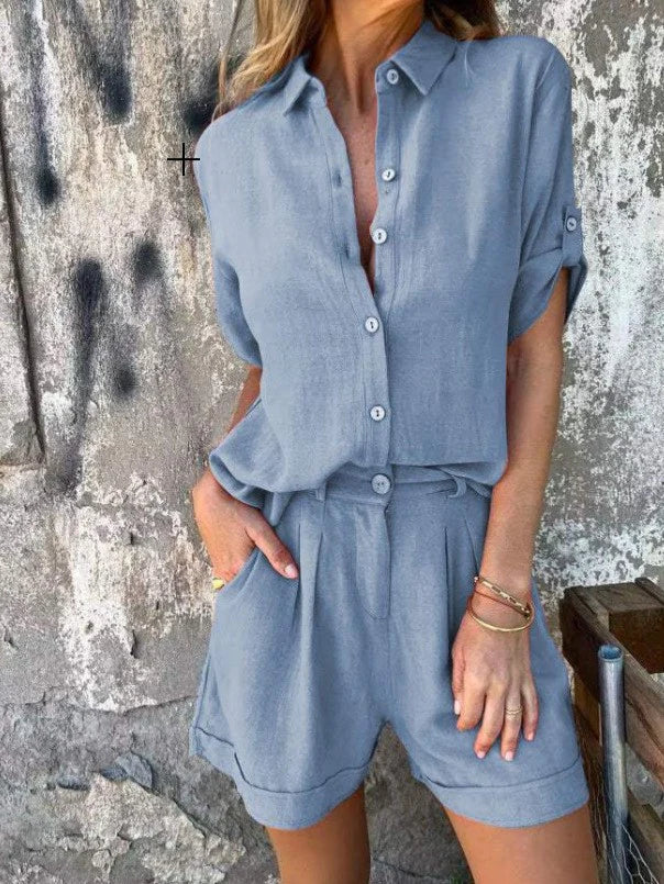 Women’s Jumpsuit – Relaxed Fit – Button-Up Top – Drawstring Waist – Lightweight Fabric
