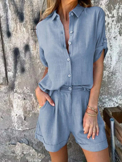 Women’s Jumpsuit – Relaxed Fit – Button-Up Top – Drawstring Waist – Lightweight Fabric