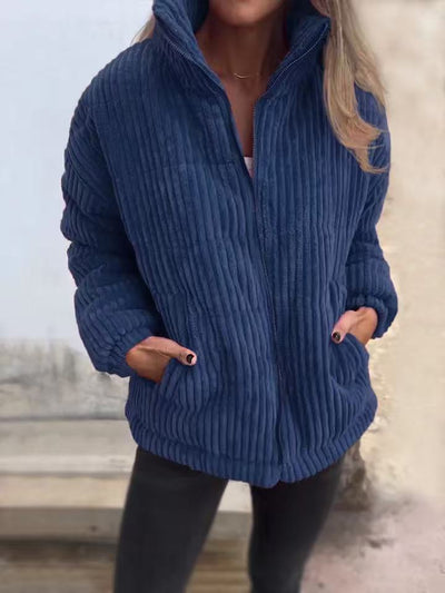 Women’s Corduroy Jacket – Relaxed Fit – Cropped Length – Zip Front – Stand Collar