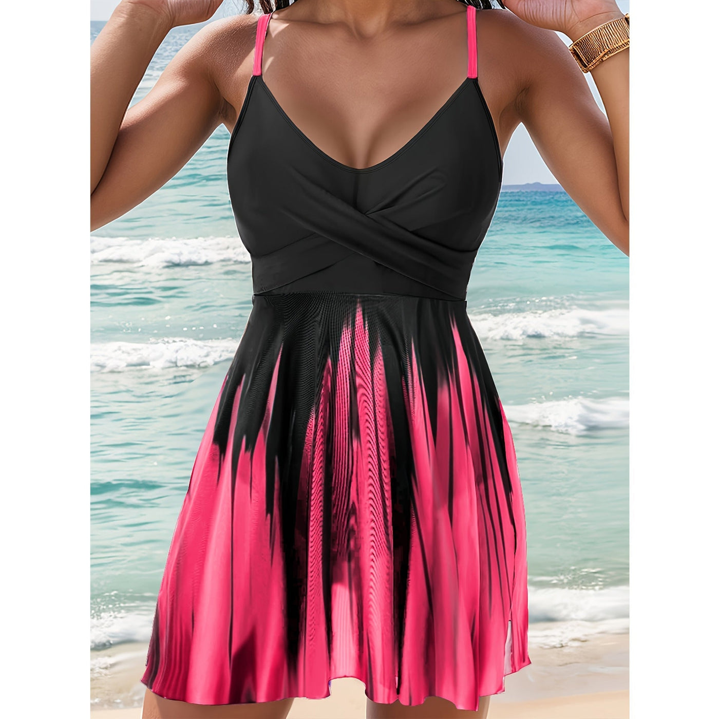 Women’s Swim Dress – A-Line Wrap Bodice – Adjustable Straps – Quick-Dry