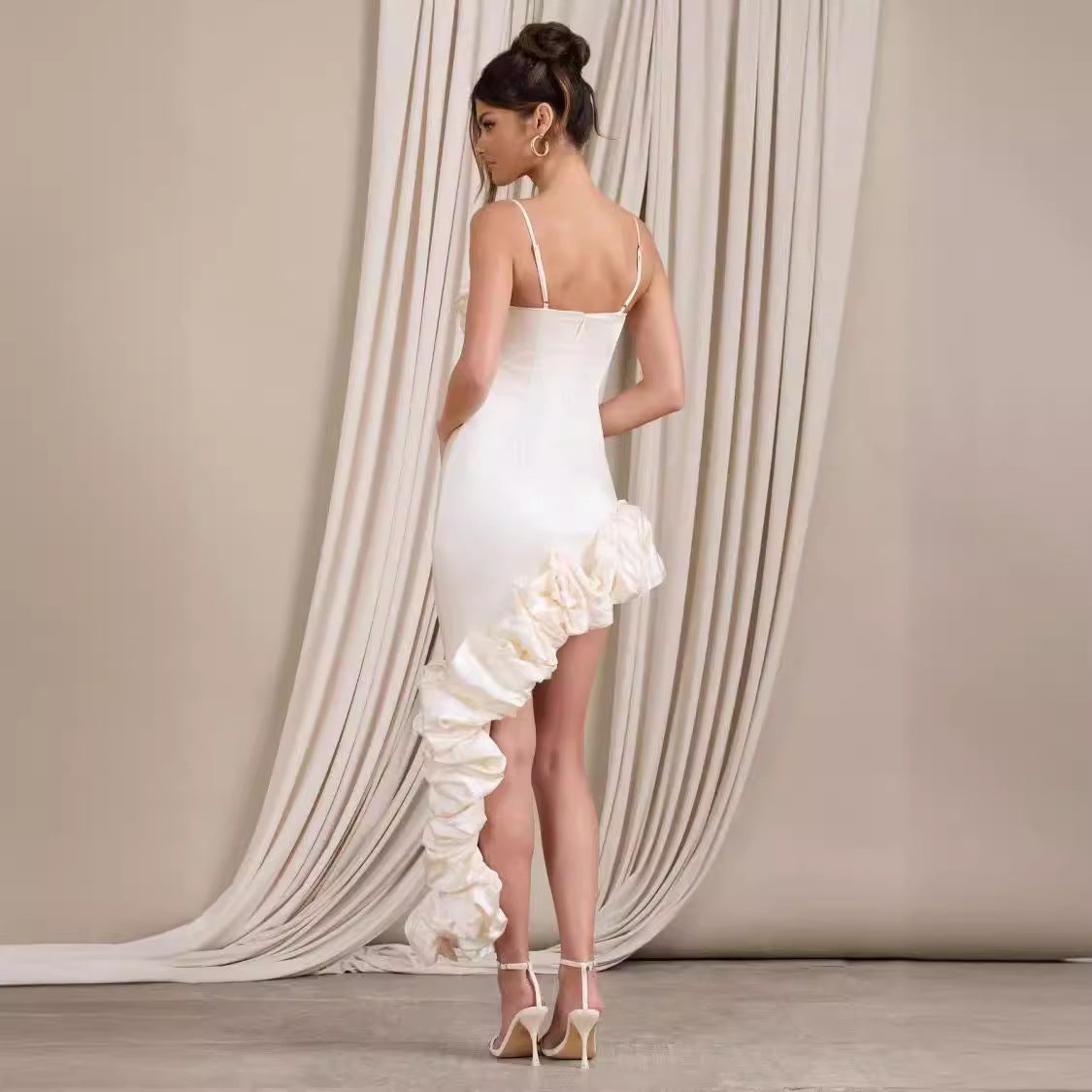 Women’s Evening Gown – Fitted Satin – Spaghetti Straps – Ruched Asymmetric Hem