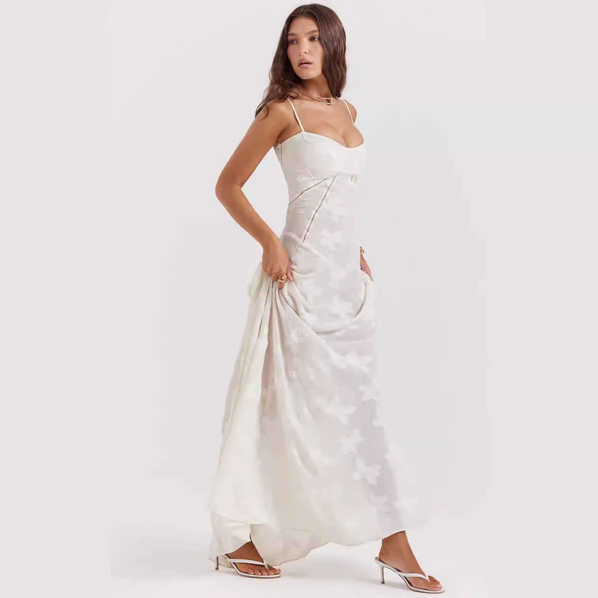 Women’s Evening Gown – Chiffon – Slim Fit – Embroidered – Spaghetti Strap – Floor Length