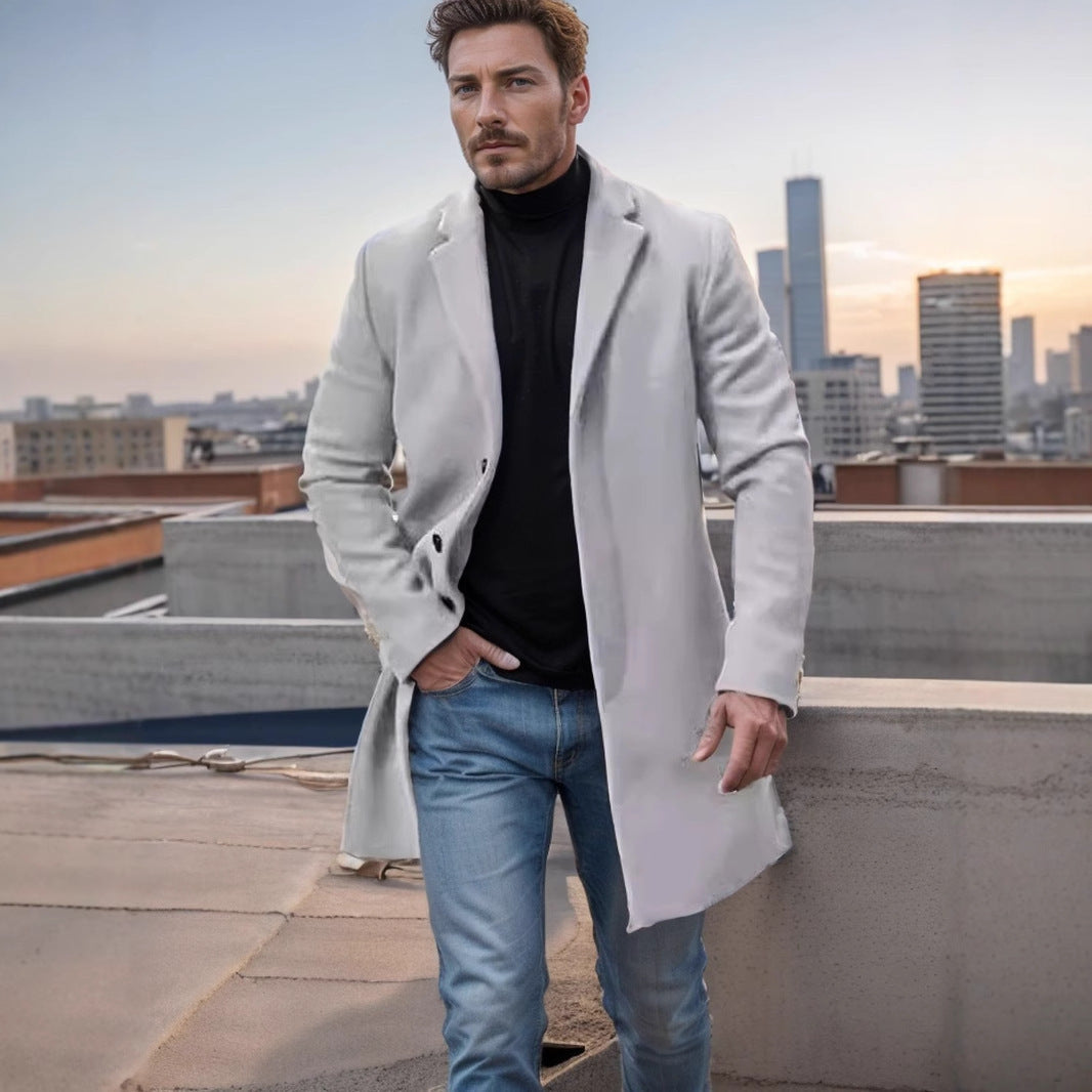 Men’s Wool Coat – Classic Fit – Notch Lapel – Mid Length – Button Front Closure