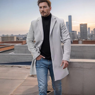 Men’s Wool Coat – Classic Fit – Notch Lapel – Mid Length – Button Front Closure