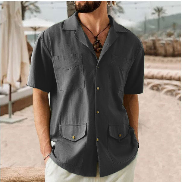 Men’s Short Sleeve Shirt – Cotton Linen Blend – Relaxed Fit – Notched Collar – 4 Pockets