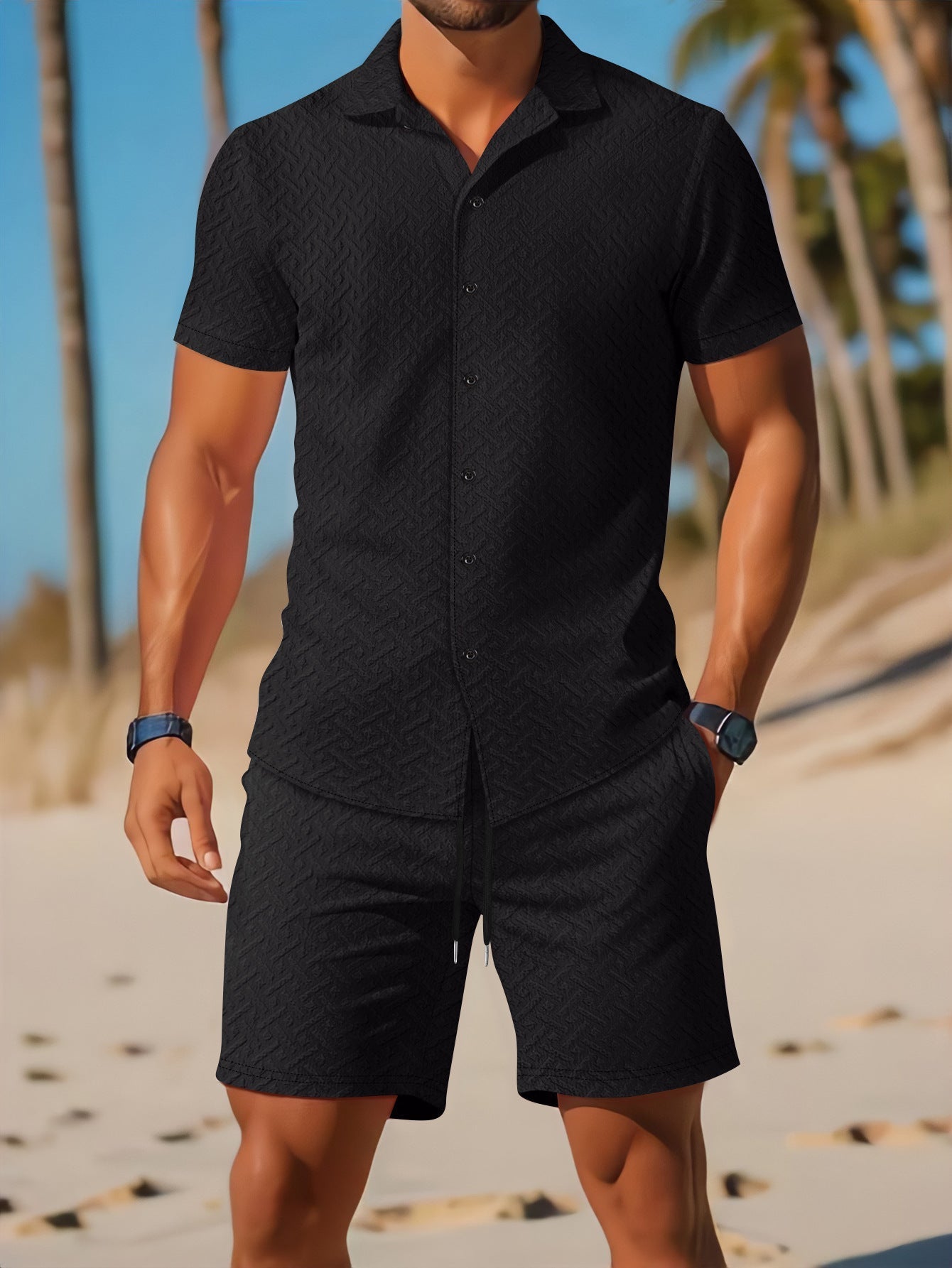 Men’s Shirt and Shorts Set – Slim Fit – Embossed – Lightweight Cotton – Casual Wear