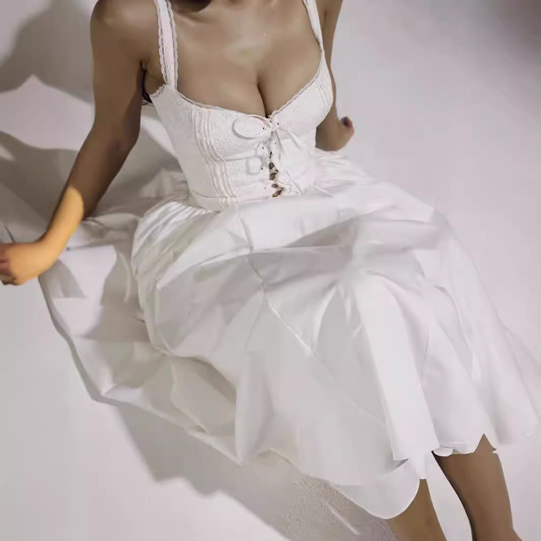 Women’s Midi Dress – Off-Shoulder – Fitted Bodice – Lace-Up Detail – Flowing Skirt