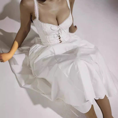 Women’s Midi Dress – Off-Shoulder – Fitted Bodice – Lace-Up Detail – Flowing Skirt