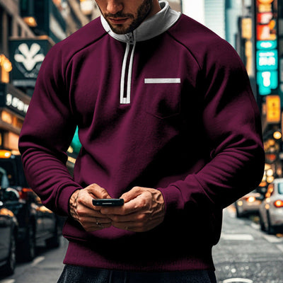 Men’s Sweatshirt – Regular Fit – Zip Neck – Stand-Up Collar – Cotton Blend – Chest Pocket