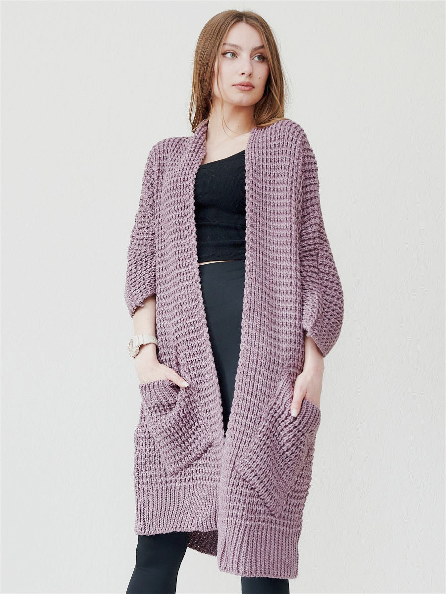 Women’s Knitted Coat – Oversized Fit – Open Front – Chunky Texture – Patch Pockets