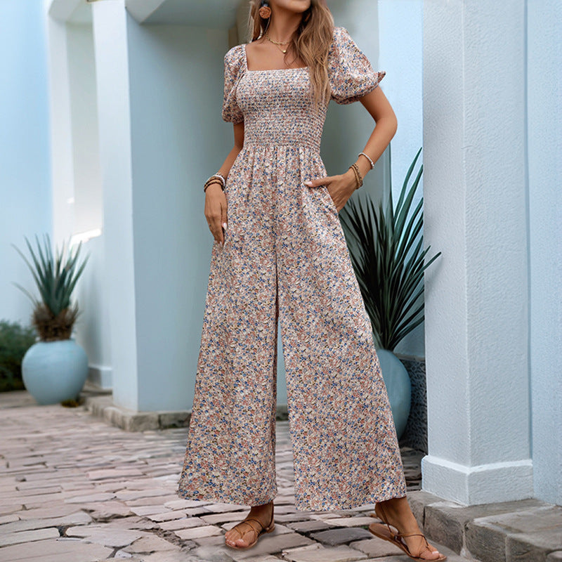 Women’s Jumpsuit – Smocked Bodice – Puff Sleeve – Wide Leg – Floral Print – Square Neck