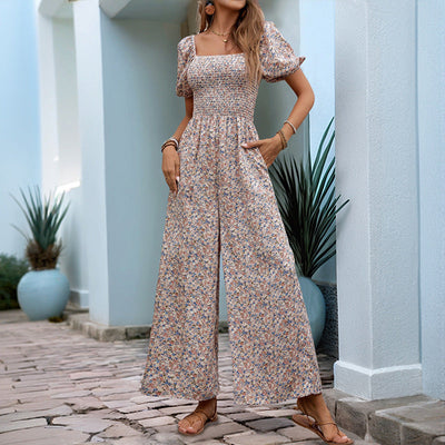 Women’s Jumpsuit – Smocked Bodice – Puff Sleeve – Wide Leg – Floral Print – Square Neck