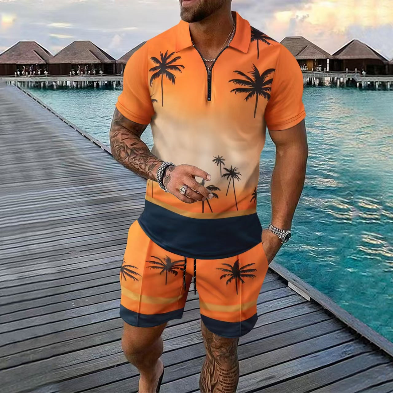 Men’s Sport Set – Slim Fit – Zip Neckline – Tropical Print