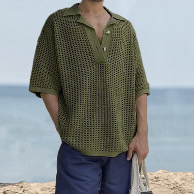 Men’s Knit Sweater – Open Knit – Oversized Fit – Notched Lapel – Short Sleeve Casual