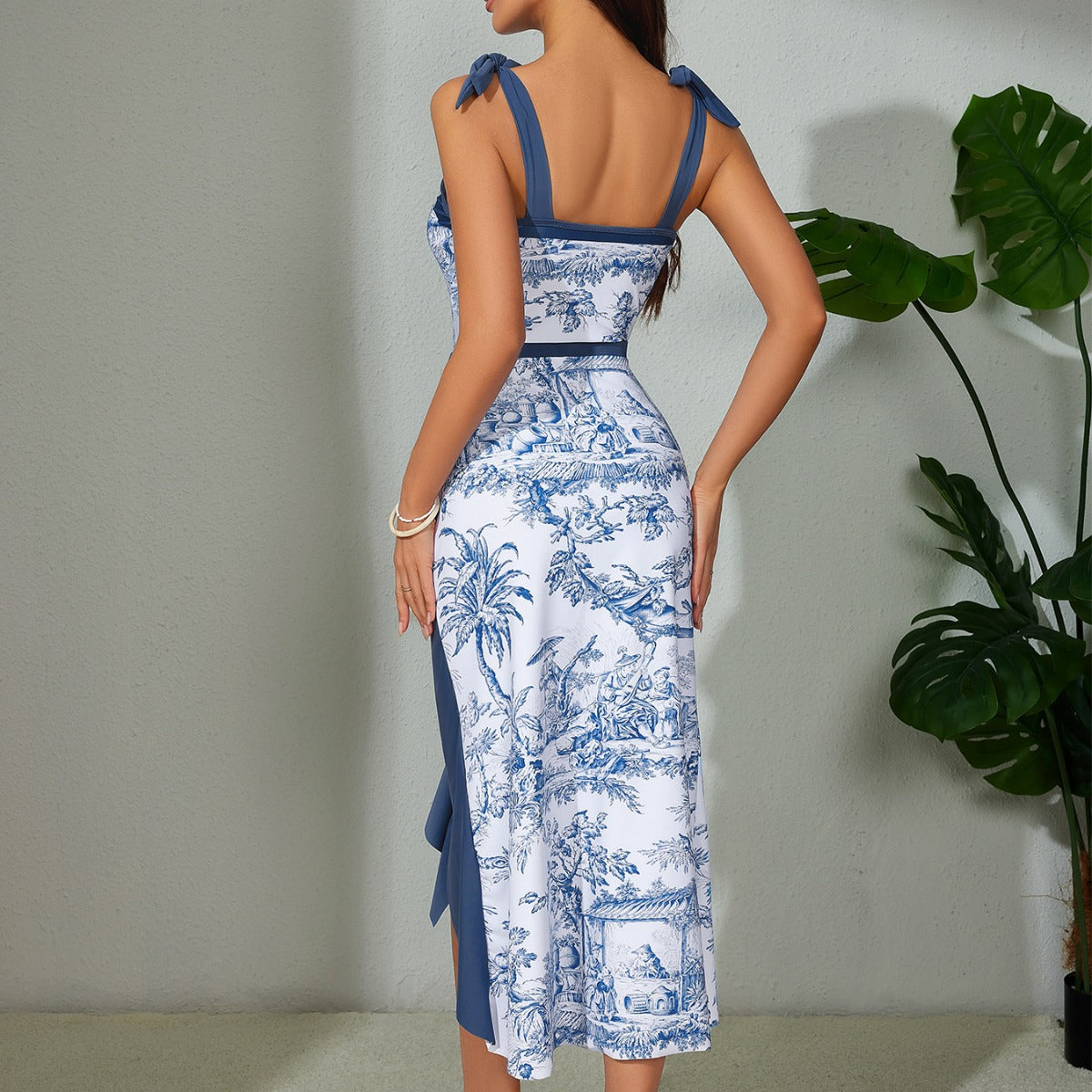 Women’s One-Piece Swimsuit – Slim Fit – Ruffle Trim – Elegant Print – Tie Straps