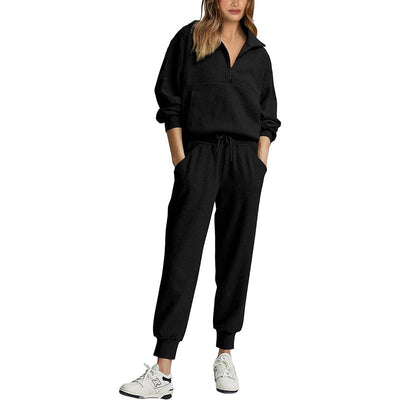Women’s Tracksuit Set – Ribbed Fabric – Relaxed Fit – Half Zip Top – Drawstring Pants