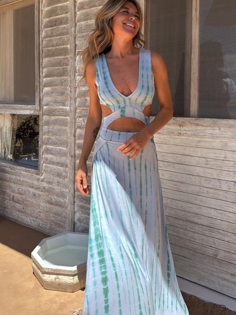 Women’s Maxi Dress – Slim Fit – V-Neck – Waist Cut-Outs – High Slit – Bold Print