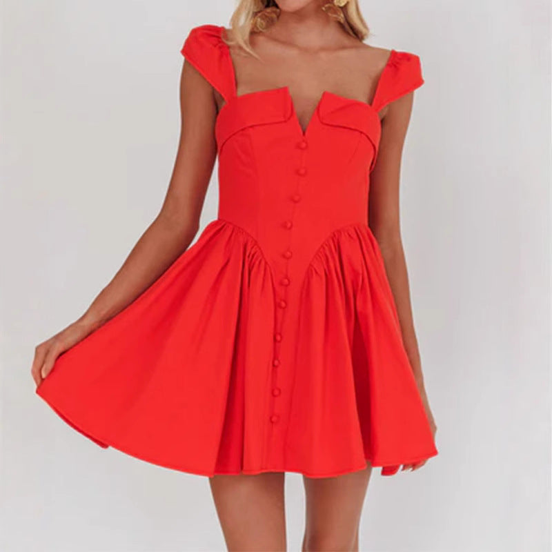 Women’s Mini Dress – Square Neck – Fitted Bodice – Pleated A-Line Skirt – Sleeveless