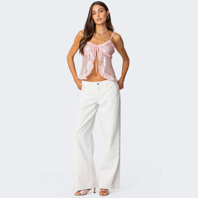 Women’s Crop Top – Sequin Mesh – Halter Neck – Fitted – Ruffle Trim Party Wear