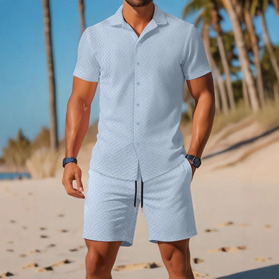 Men’s Shirt and Shorts Set – Slim Fit – Embossed – Lightweight Cotton – Casual Wear
