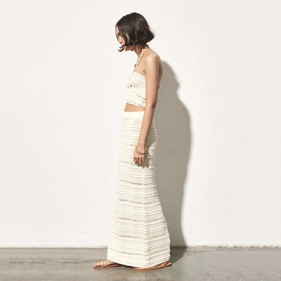 Women’s Two-Piece Set – Crochet Bandeau Top and Midi Skirt – Slim Fit Breathable Design