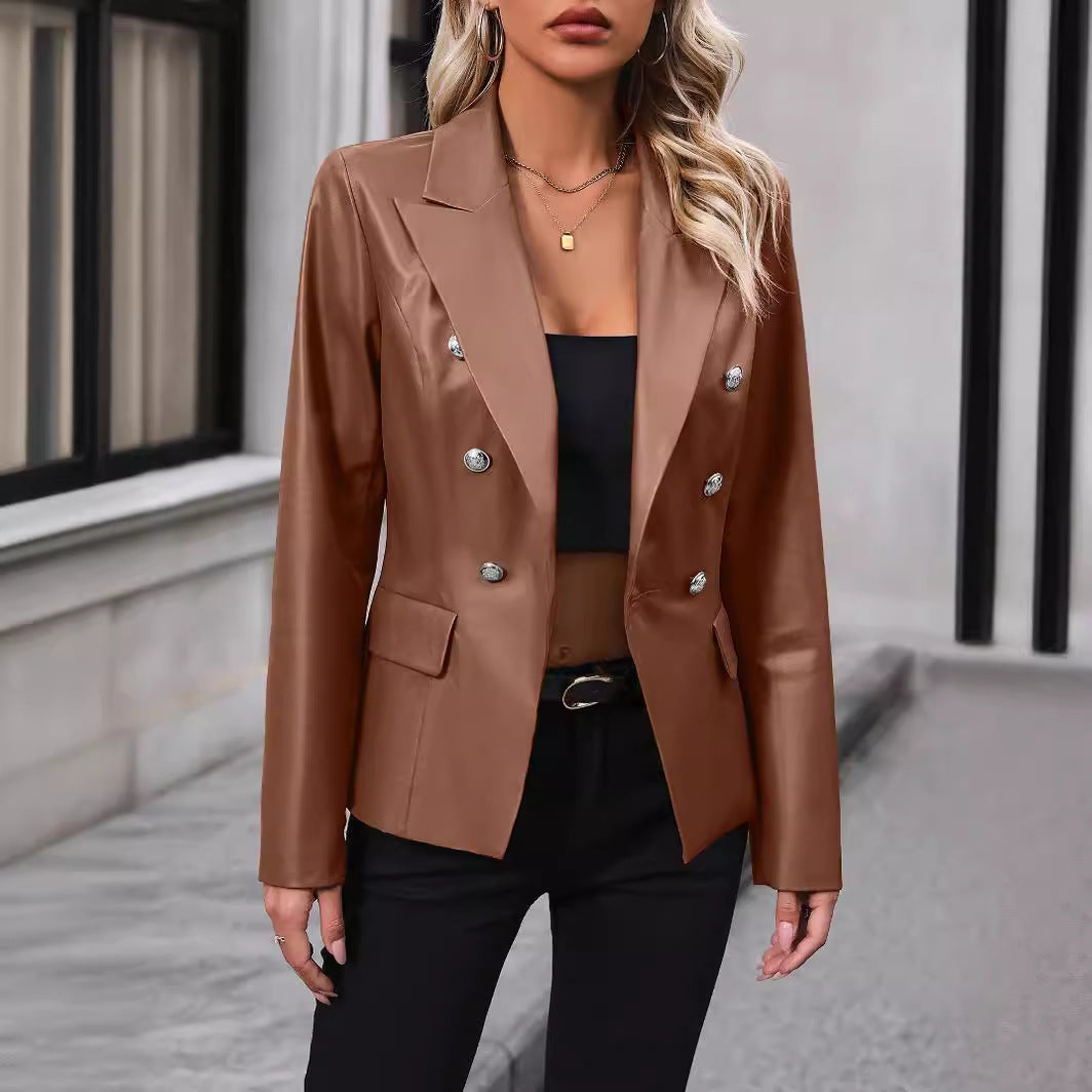 Women’s Suit Jacket – Fitted Double-Breasted – Notched Lapel – Hip Length Formal Style