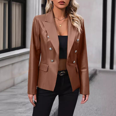Women’s Suit Jacket – Fitted Double-Breasted – Notched Lapel – Hip Length Formal Style