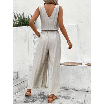 Women’s Jumpsuit – Cotton Blend – Sleeveless Wide Leg – Button Front Relaxed Fit