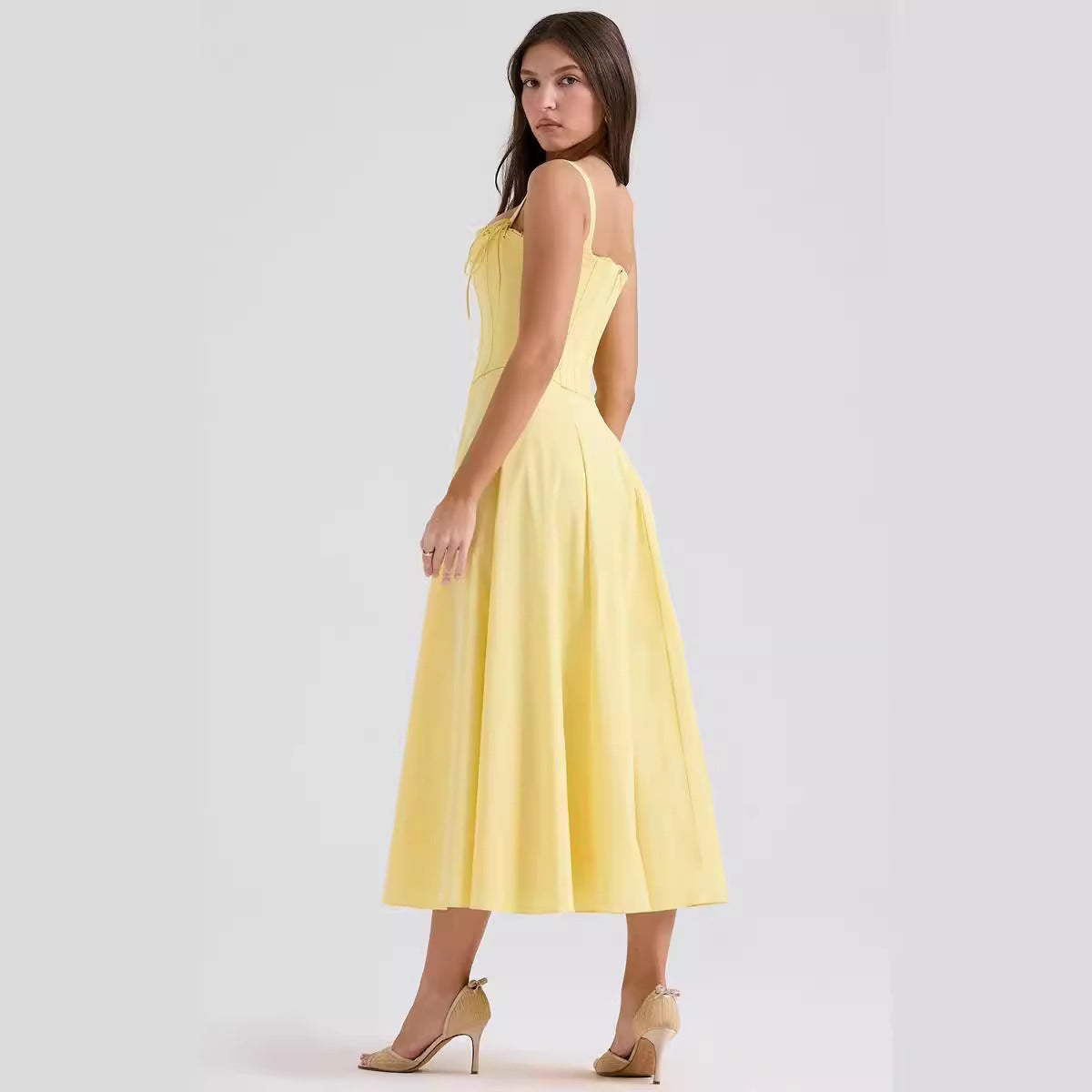 Women’s Midi Dress – Slim Fit Corset Bodice – Spaghetti Strap – Elegant A-Line