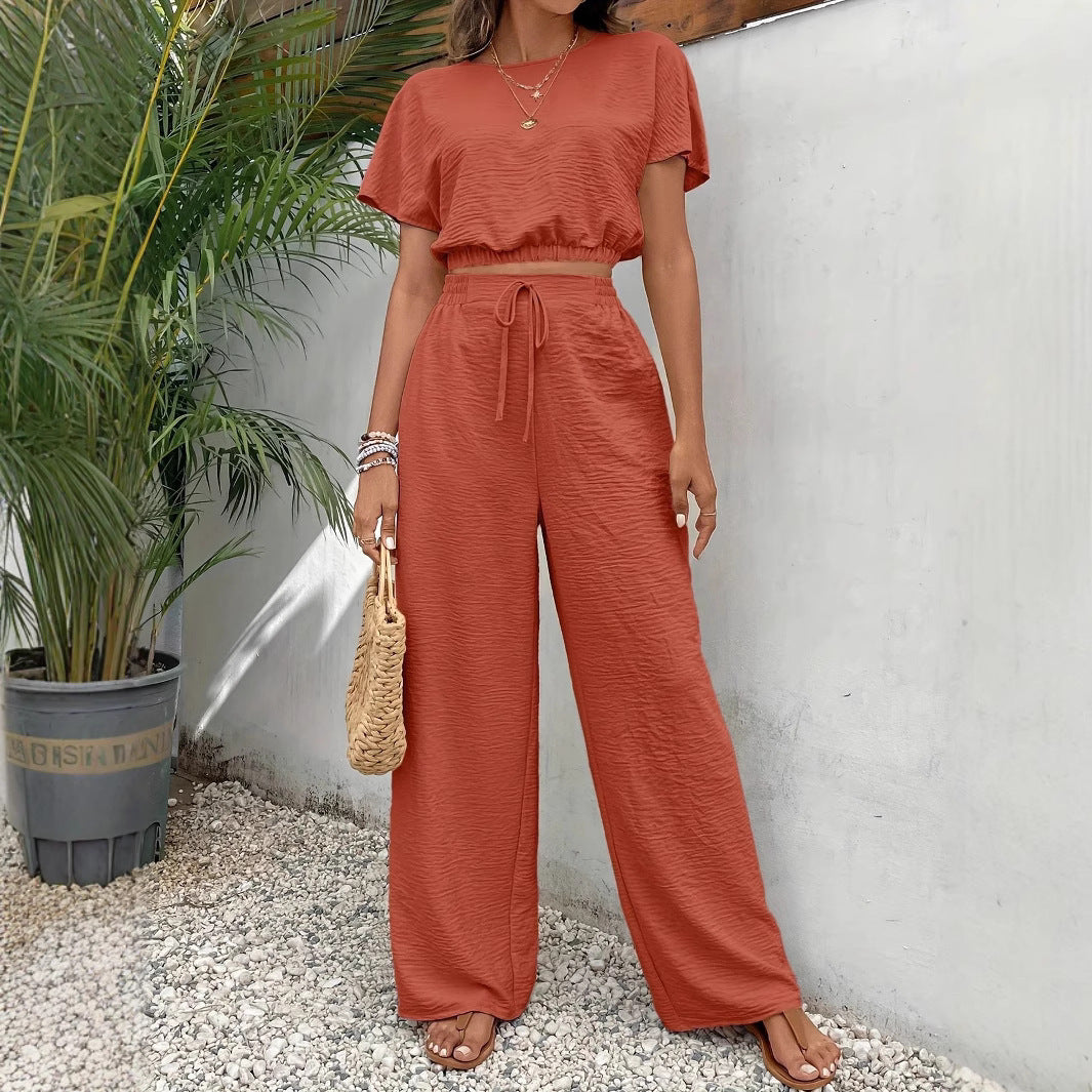 Women’s Two-Piece Set – Crop Top Batwing Sleeve – Wide-Leg Drawstring Pants