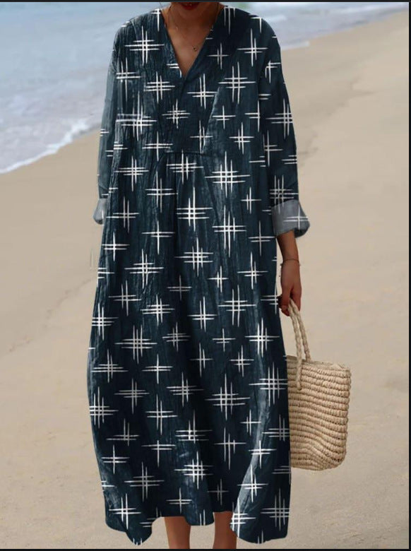 Noa | Navy Cross Print Long Sleeve Dress