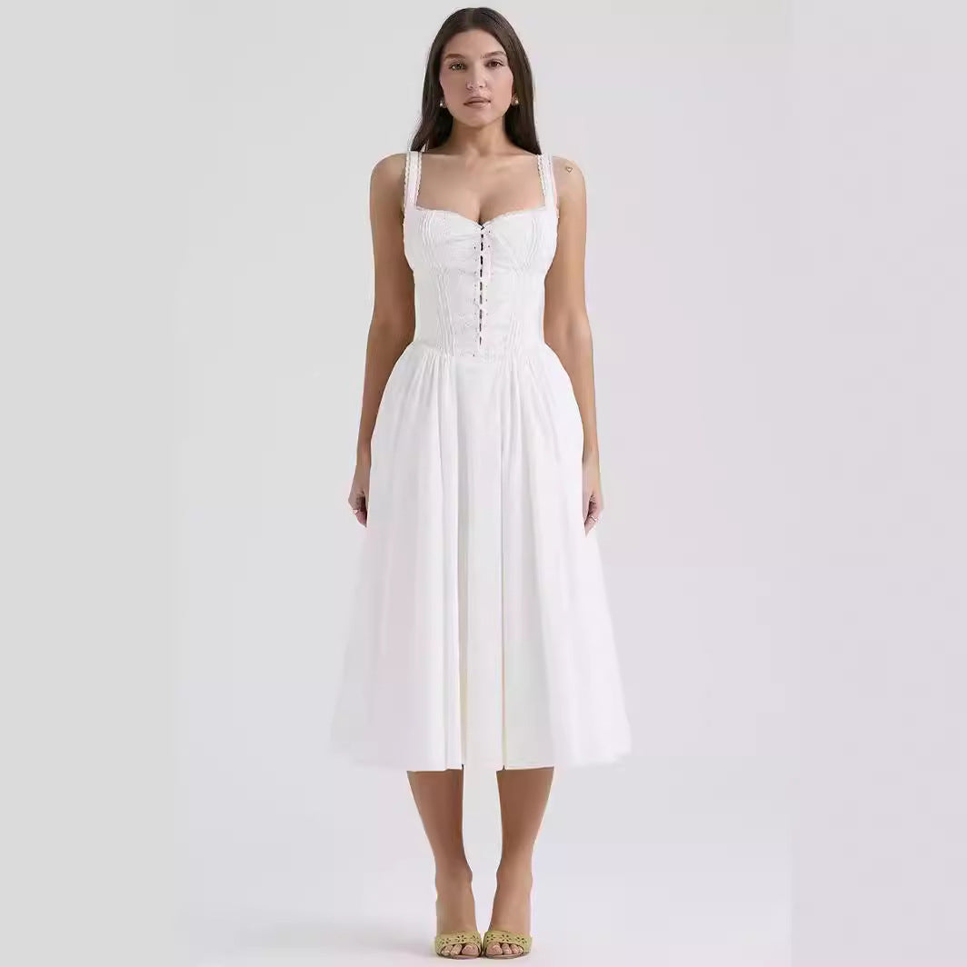 Women’s Midi Dress – Off-Shoulder – Fitted Bodice – Lace-Up Detail – Flowing Skirt