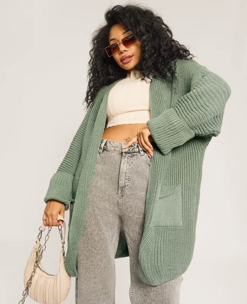 Women’s Knitted Cardigan – Oversized Fit – Chunky Wool Feel – Ribbed Sleeves – Open Front