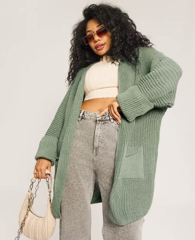 Women’s Knitted Cardigan – Oversized Fit – Chunky Wool Feel – Ribbed Sleeves – Open Front