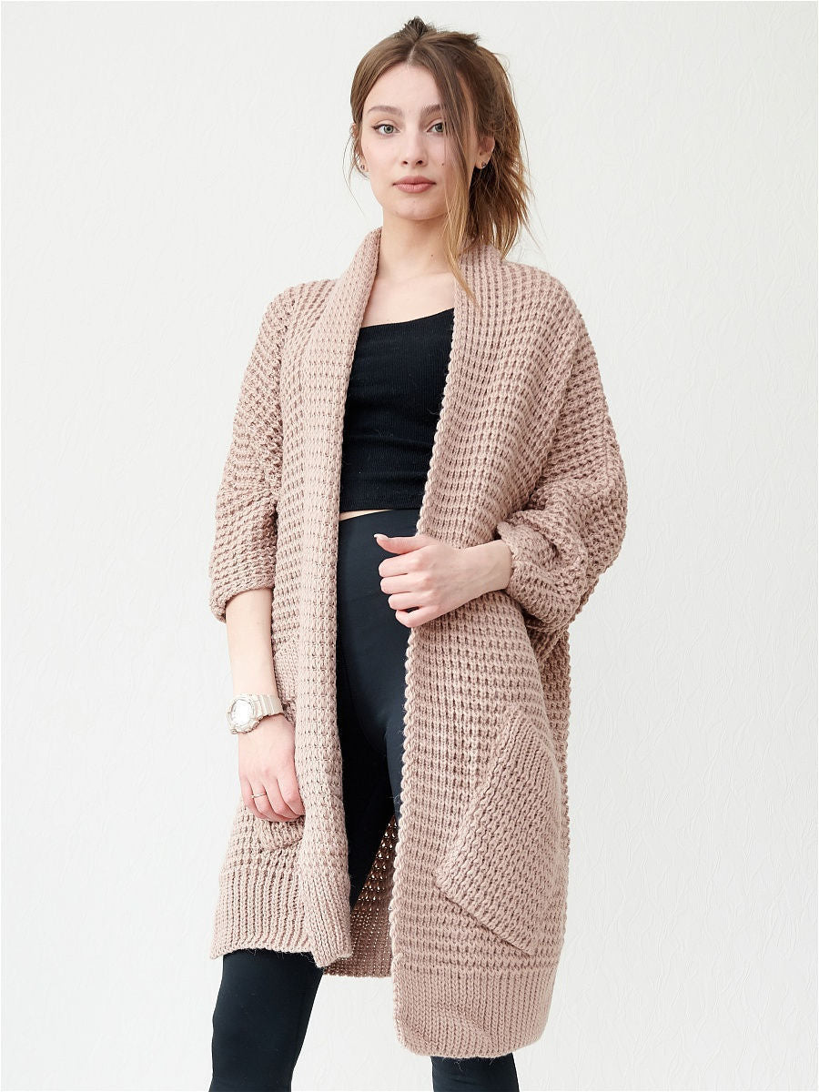Women’s Knitted Coat – Oversized Fit – Open Front – Chunky Texture – Patch Pockets