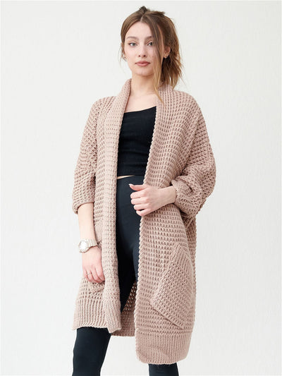 Women’s Knitted Coat – Oversized Fit – Open Front – Chunky Texture – Patch Pockets