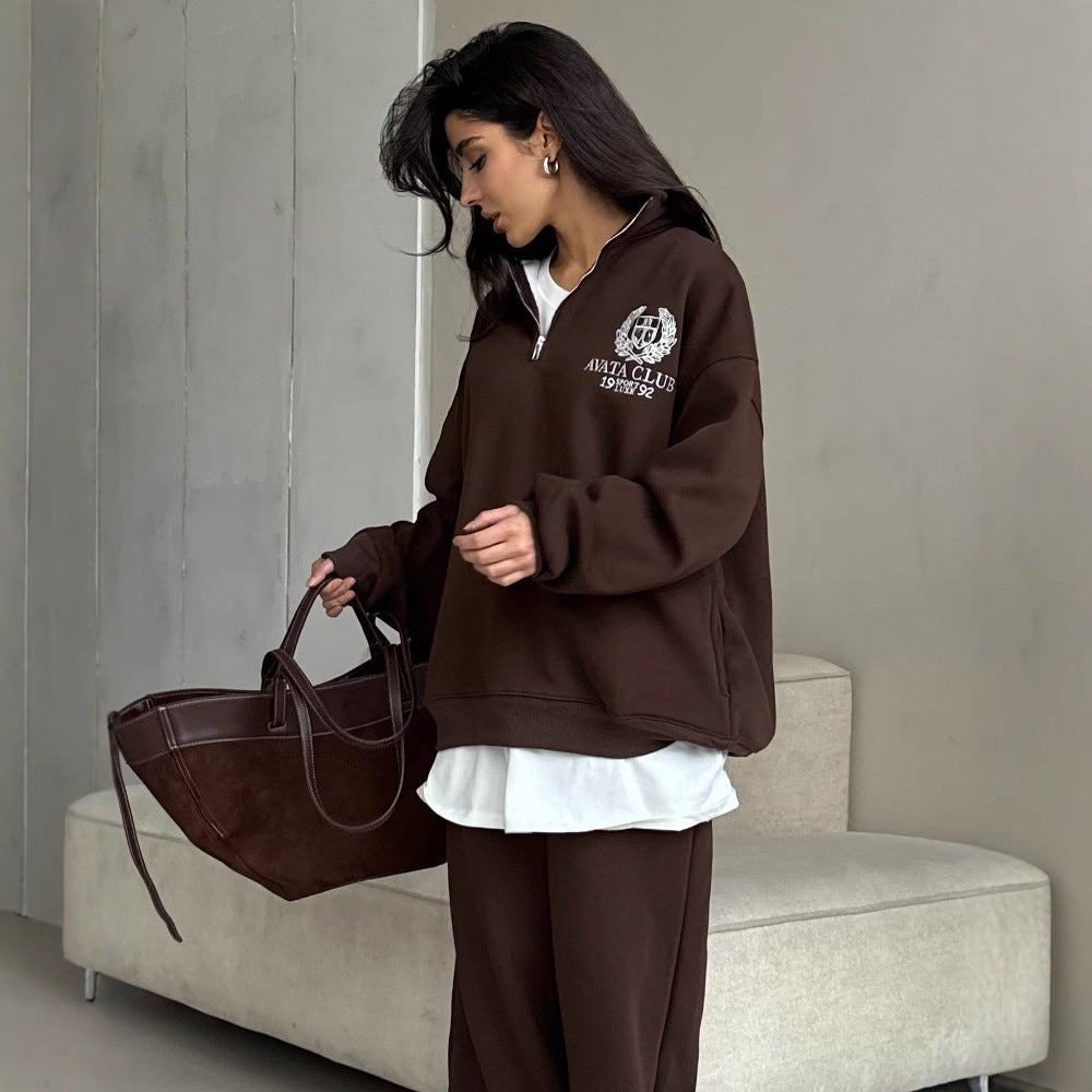 Women’s Half-Zip Sweatshirt – Oversized Fit – Embroidered Front – Cotton Blend