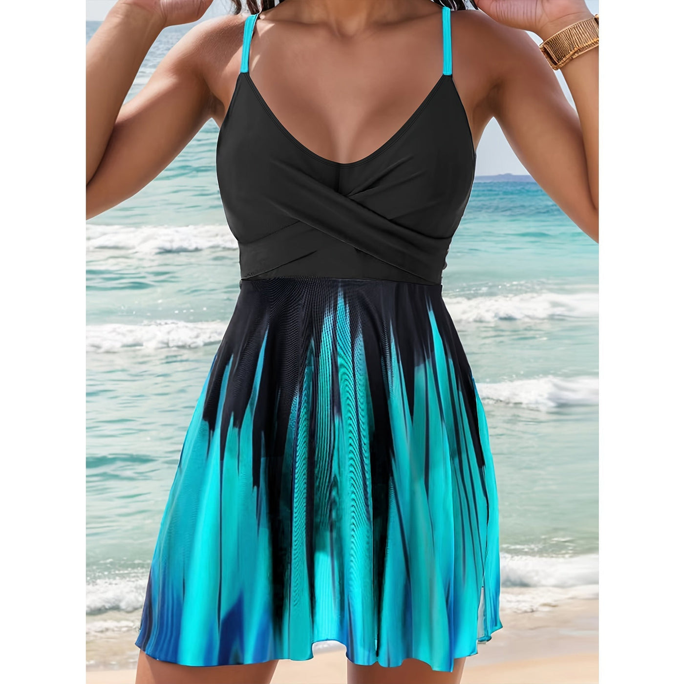 Women’s Swim Dress – A-Line Wrap Bodice – Adjustable Straps – Quick-Dry