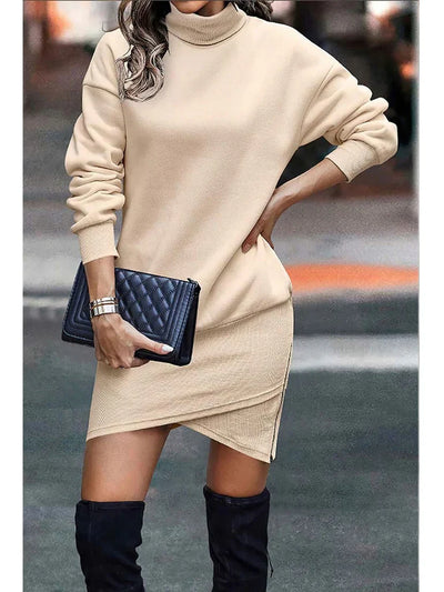 Women’s Sweater Dress – Cotton Blend – Relaxed Fit – High Collar – Asymmetric Hem