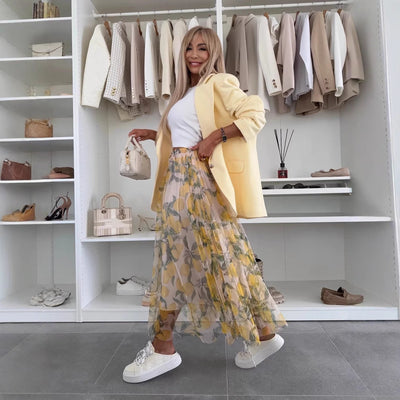 Women’s Long Skirt – Mesh Fabric – Elastic Waist – A-Line Fit – Layered Flowy Design