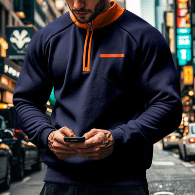 Men’s Sweatshirt – Regular Fit – Zip Neck – Stand-Up Collar – Cotton Blend – Chest Pocket