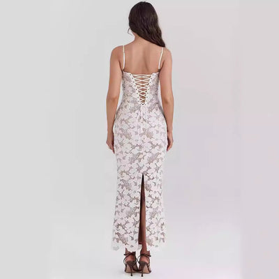 Women’s Slip Dress – Lace Fabric – Slim Fit – Sweetheart Neckline – Full Length