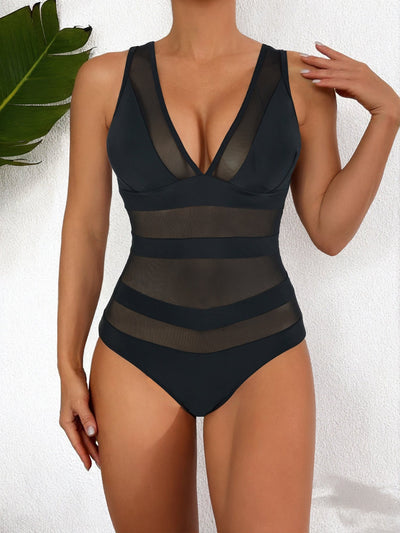 Women’s One-Piece Swimsuit – Deep V-Neck – Mesh Detail – Contour Fit – Sleek Finish