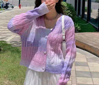 Women’s Knitted Cardigan – Relaxed Fit – Cable Knit – Voluminous Sleeves – Button Front