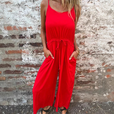 Women’s Jumpsuit – Relaxed Fit – Wide Leg – Sleeveless – Adjustable Drawstring Waist
