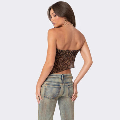 Women’s Tube Top – Strapless Cropped Fit – Asymmetric Hem – Leopard Print