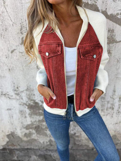 Women’s Bomber Jacket – Wool Blend – Denim Panel Detail – Zip Front – Relaxed Fit