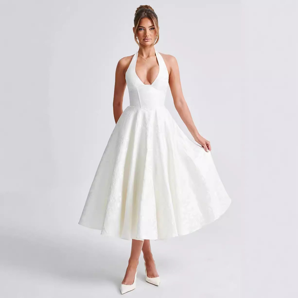 Women’s Halter Neck Maxi Dress – Jacquard Fabric – V-Neck – Tie Waist – Flared Fit